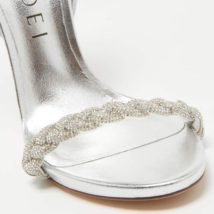 Pre Owned Casadei Silver Foil Leather and Crystal Venezia Ankle Strap Sandals Size 38.5