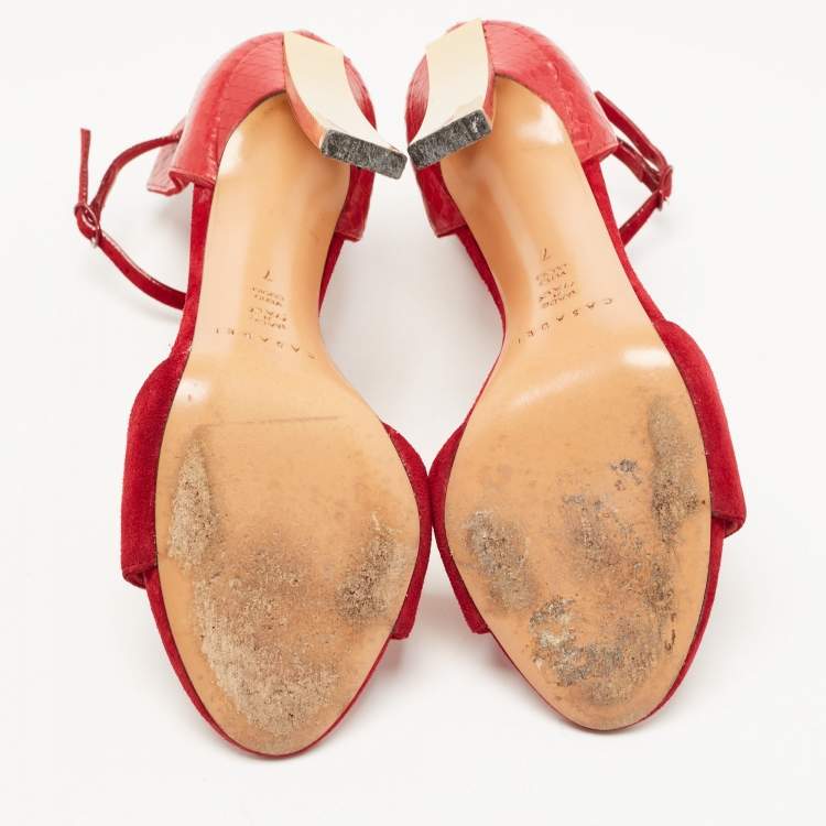 Pre Owned Casadei Red Suede and Python Ankle Strap Sandals Size 37
