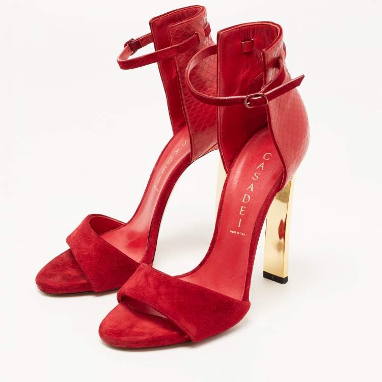 Pre Owned Casadei Red Suede and Python Ankle Strap Sandals Size 37