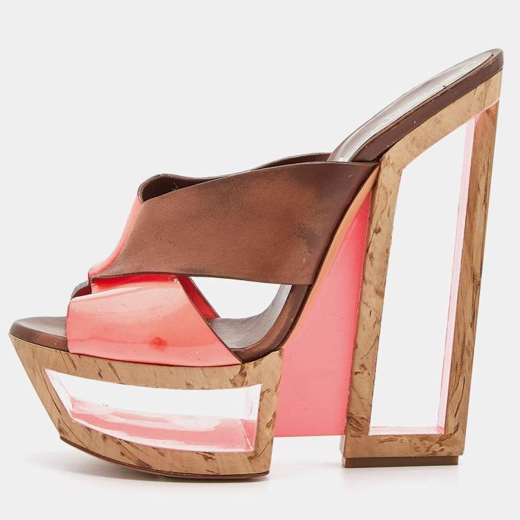 Pre Owned Casadei Brown/Orange Leather and Patent Wedge Platform Slide Sandals Size 36