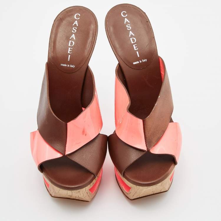 Pre Owned Casadei Brown/Orange Leather and Patent Wedge Platform Slide Sandals Size 36