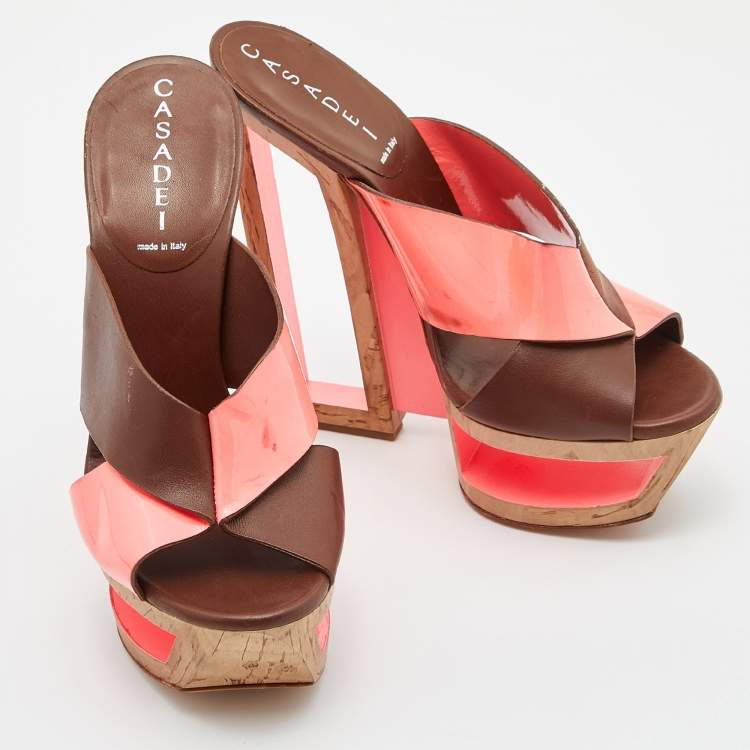 Pre Owned Casadei Brown/Orange Leather and Patent Wedge Platform Slide Sandals Size 36