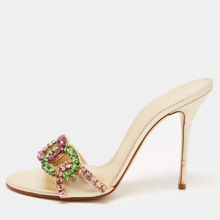 Casadei Gold Leather Crystal Embellished Slide Sandals Size 37.5 ...