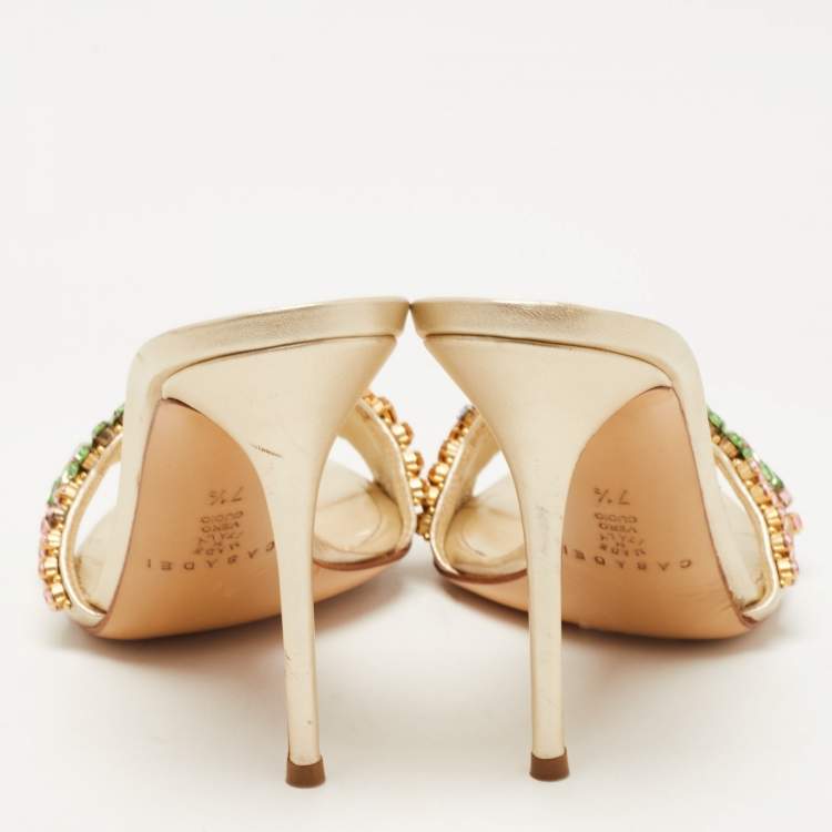 Pre Owned Casadei Gold Leather Crystal Embellished Slide Sandals Size 37.5