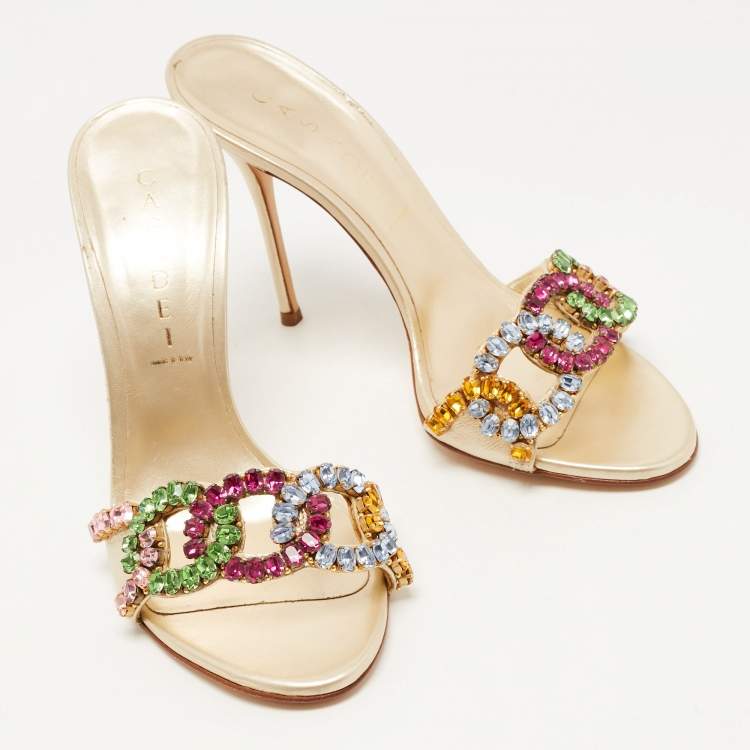 Pre Owned Casadei Gold Leather Crystal Embellished Slide Sandals Size 37.5