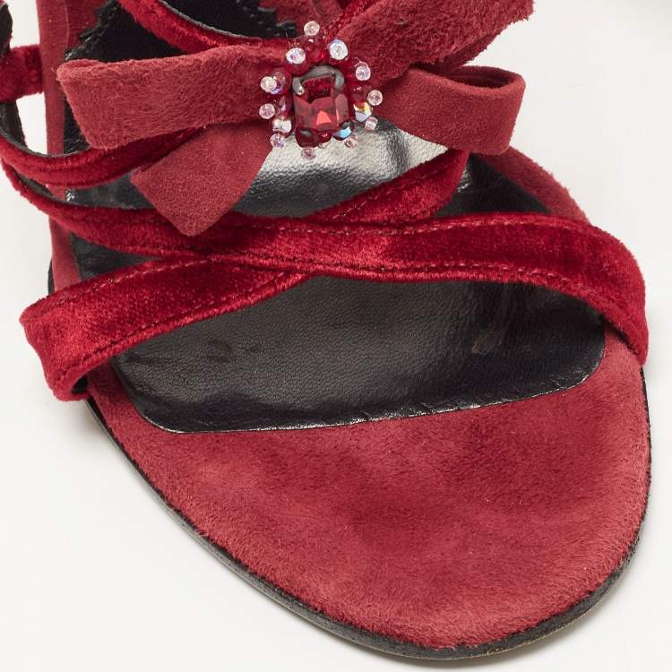 Pre Owned Casadei Red Velvet Bow Embellished Wedge Strappy Sandals Size 38