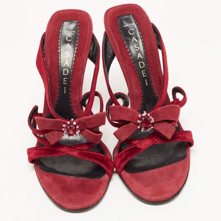 Pre Owned Casadei Red Velvet Bow Embellished Wedge Strappy Sandals Size 38