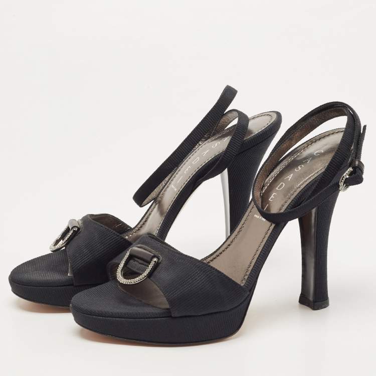 Pre Owned Casadei Black Grosgrain Fabric Crystal Embellished Platform Ankle Strap Sandals Size 36