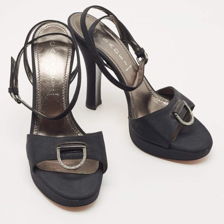 Pre Owned Casadei Black Grosgrain Fabric Crystal Embellished Platform Ankle Strap Sandals Size 36