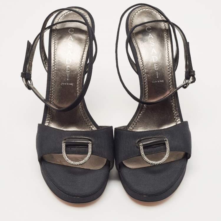 Pre Owned Casadei Black Grosgrain Fabric Crystal Embellished Platform Ankle Strap Sandals Size 36