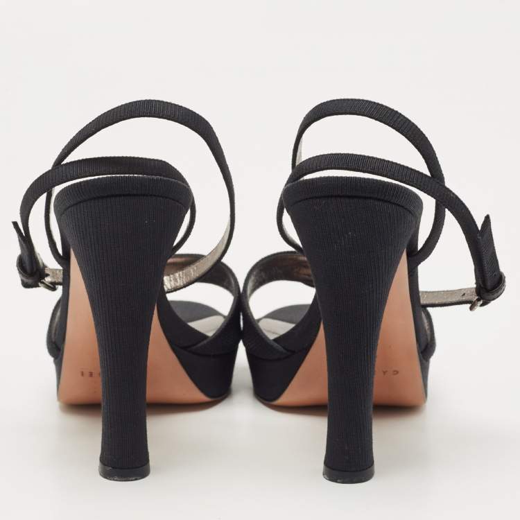Pre Owned Casadei Black Grosgrain Fabric Crystal Embellished Platform Ankle Strap Sandals Size 36