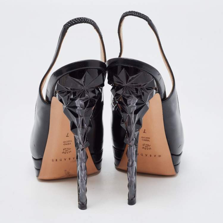 Pre Owned Casadei Black Patent Leather Peep Toe Platform Slingback Pumps Size 37