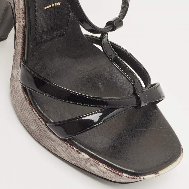 Pre Owned Casadei Black Patent Leather  and Lizard Embossed Cross Strap Platform Sandals Size 37