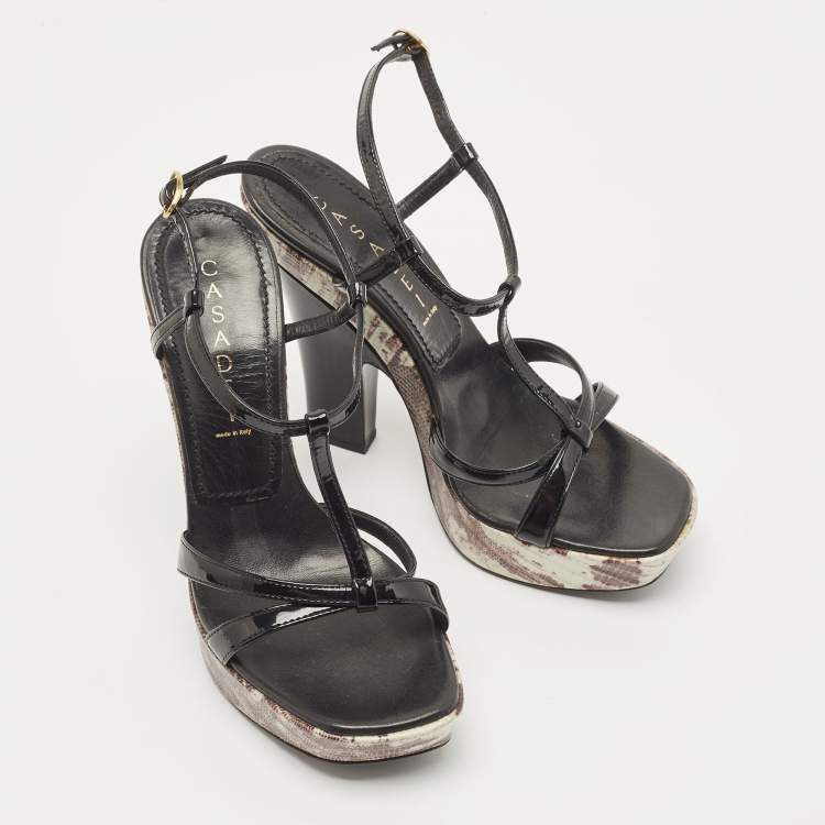 Pre Owned Casadei Black Patent Leather  and Lizard Embossed Cross Strap Platform Sandals Size 37