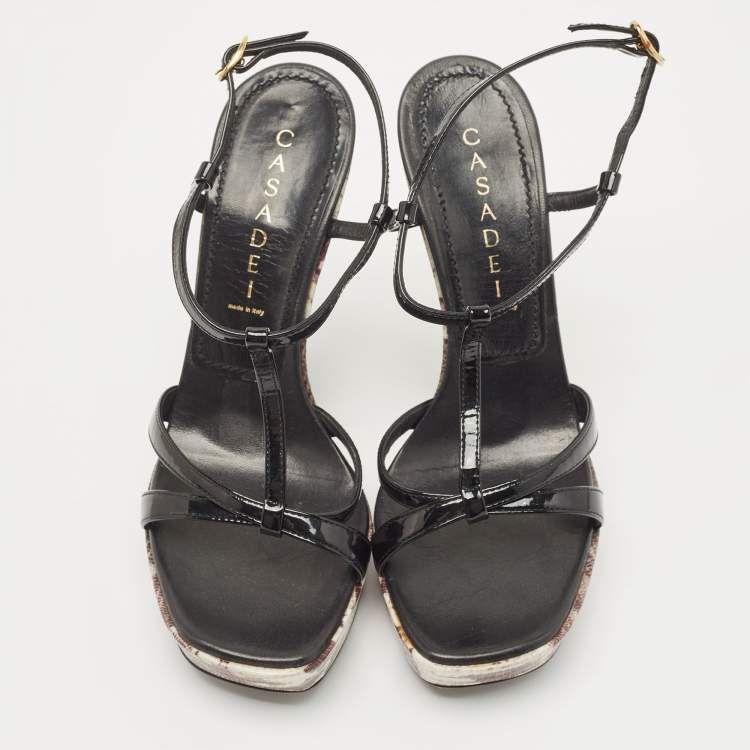 Pre Owned Casadei Black Patent Leather  and Lizard Embossed Cross Strap Platform Sandals Size 37