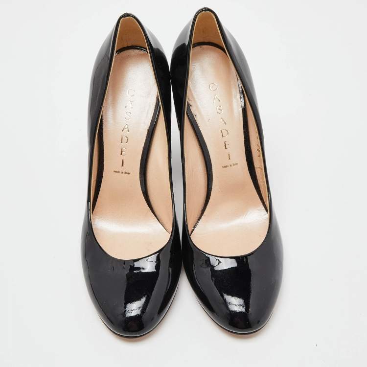 Pre Owned Casadei Black Patent Leather Chain Motif Block Heel Round Toe Pumps Size 38.5