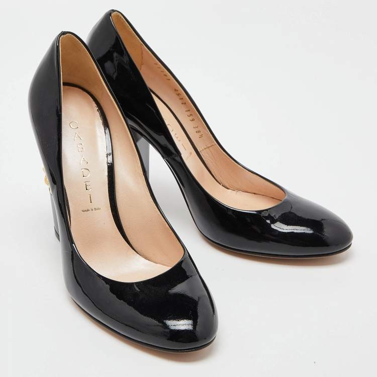 Pre Owned Casadei Black Patent Leather Chain Motif Block Heel Round Toe Pumps Size 38.5