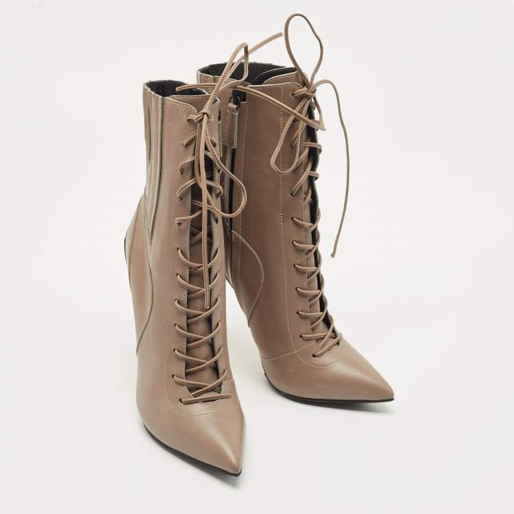 Pre Owned Casadei Grey Leather Lace Up Ankle Booties Size 36.5