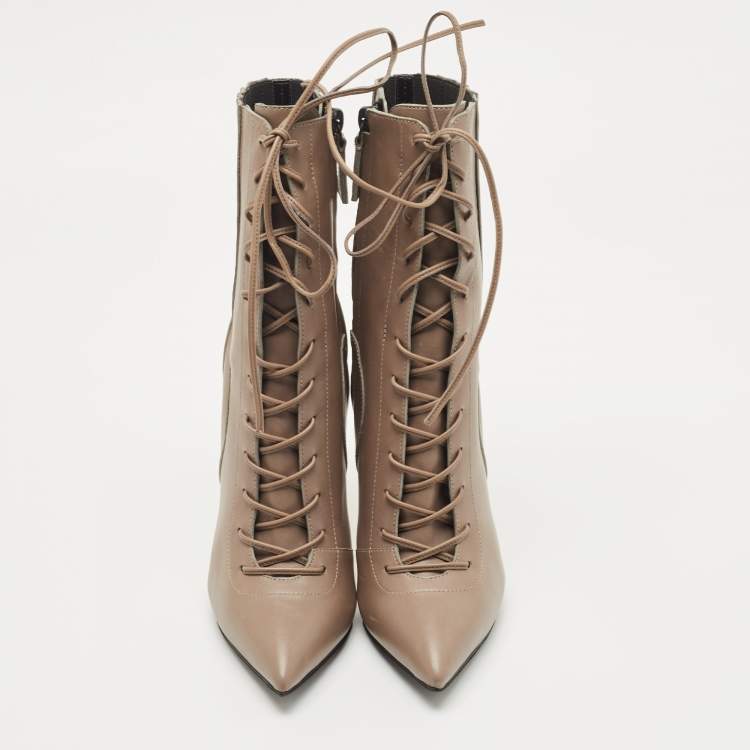 Pre Owned Casadei Grey Leather Lace Up Ankle Booties Size 36.5