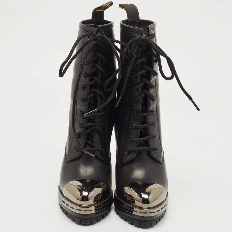 Pre Owned Casadei Black Leather Metal Cap Toe Lace Up Ankle Booties Size 36