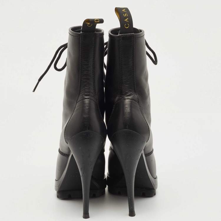 Pre Owned Casadei Black Leather Metal Cap Toe Lace Up Ankle Booties Size 36