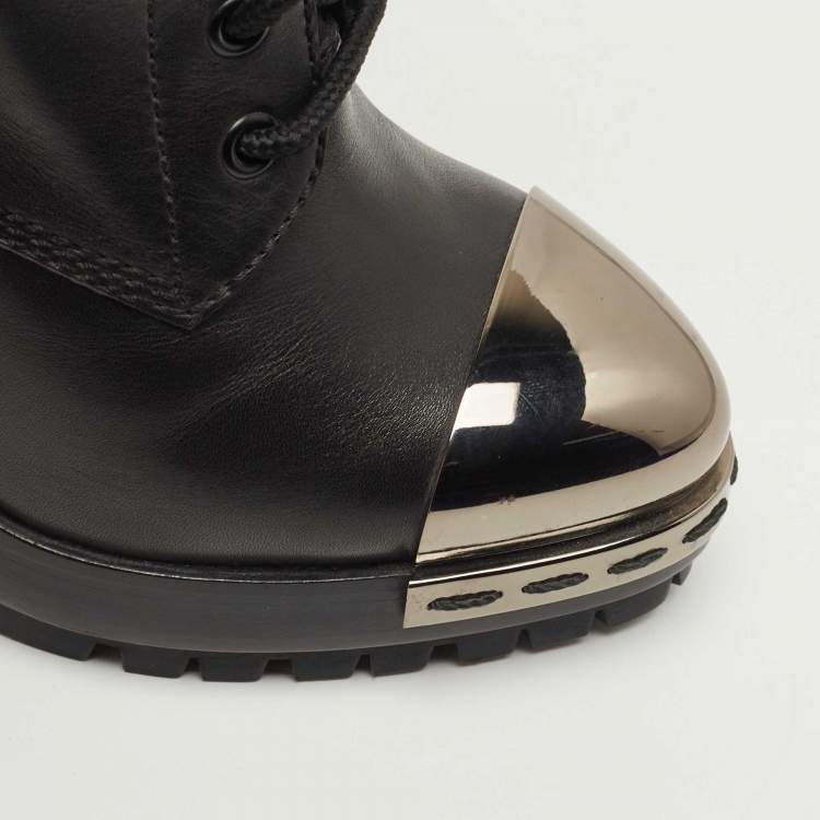 Pre Owned Casadei Black Leather Metal Cap Toe Lace Up Ankle Booties Size 36