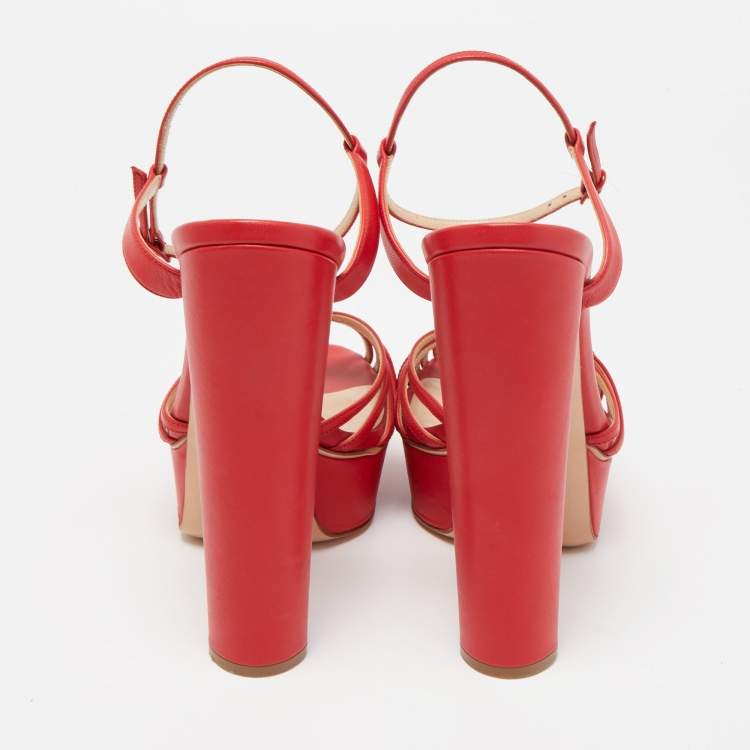 Pre Owned Casadei Red Leather Open Toe Platform Ankle Strap Sandals Size 39