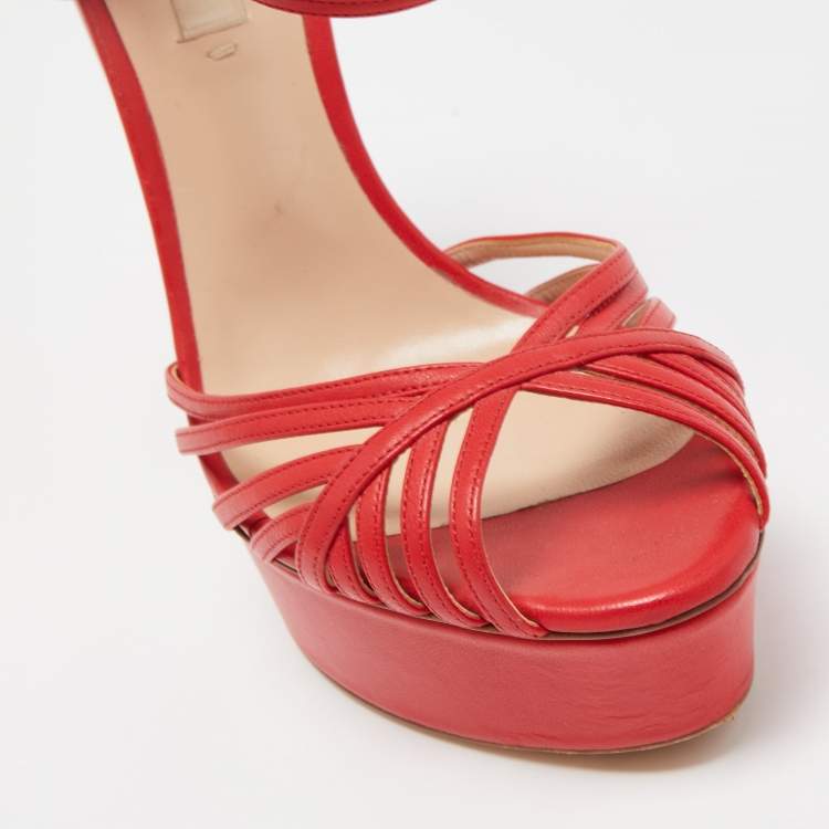 Pre Owned Casadei Red Leather Open Toe Platform Ankle Strap Sandals Size 39