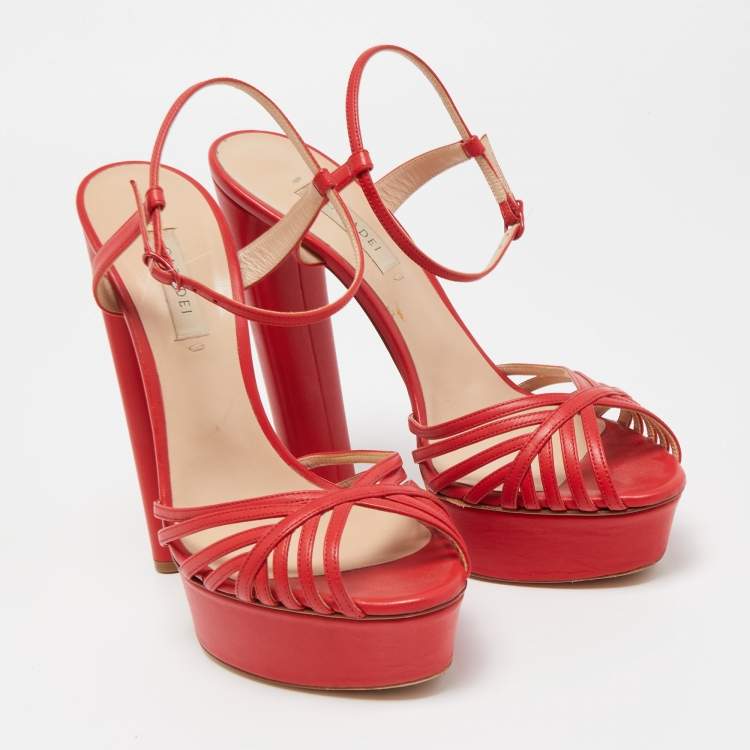 Pre Owned Casadei Red Leather Open Toe Platform Ankle Strap Sandals Size 39
