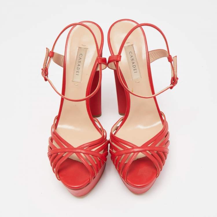 Pre Owned Casadei Red Leather Open Toe Platform Ankle Strap Sandals Size 39