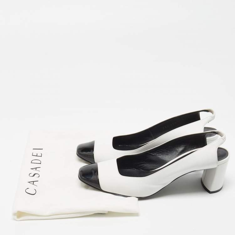 Pre Owned Casadei White/Black Leather and Patent Square Cap Toe Slingback Pumps Size 37