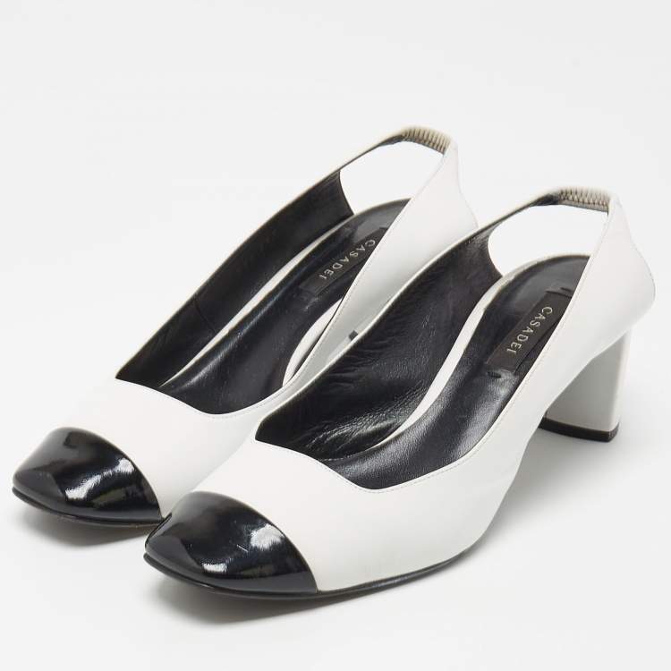Pre Owned Casadei White/Black Leather and Patent Square Cap Toe Slingback Pumps Size 37