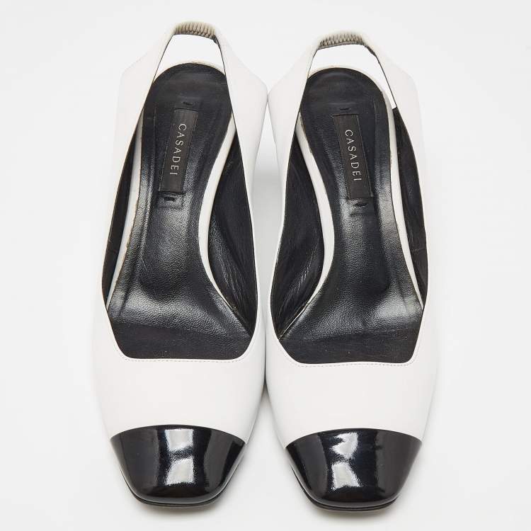 Pre Owned Casadei White/Black Leather and Patent Square Cap Toe Slingback Pumps Size 37
