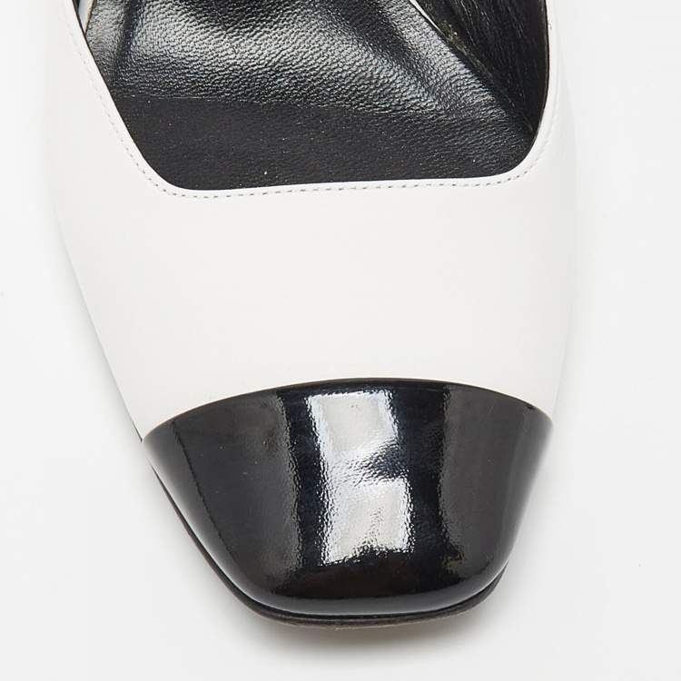 Pre Owned Casadei White/Black Leather and Patent Square Cap Toe Slingback Pumps Size 37