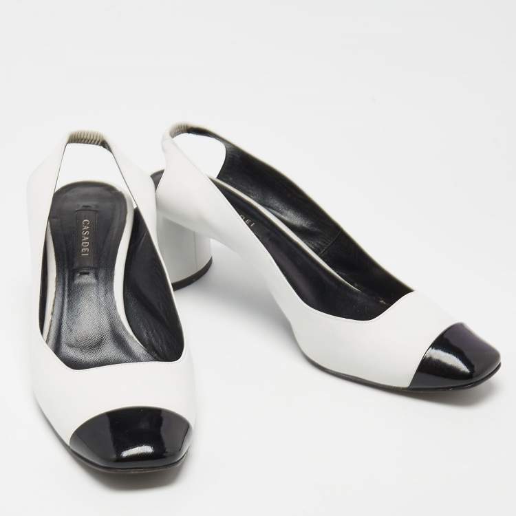 Pre Owned Casadei White/Black Leather and Patent Square Cap Toe Slingback Pumps Size 37