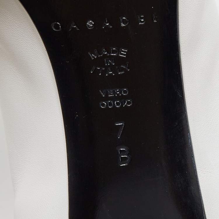 Pre Owned Casadei White/Black Leather and Patent Square Cap Toe Slingback Pumps Size 37
