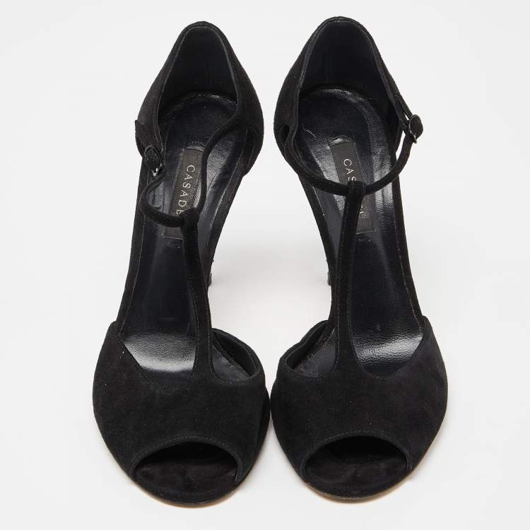 Pre Owned Casadei Black Suede Crystal Embellished Heel Ankle Wrap Sandals Size 38