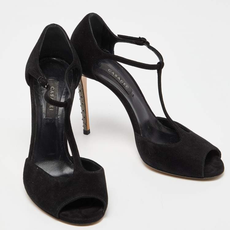 Pre Owned Casadei Black Suede Crystal Embellished Heel Ankle Wrap Sandals Size 38