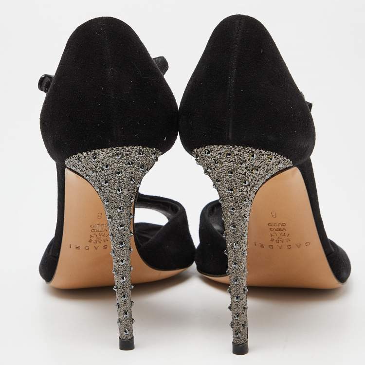 Pre Owned Casadei Black Suede Crystal Embellished Heel Ankle Wrap Sandals Size 38