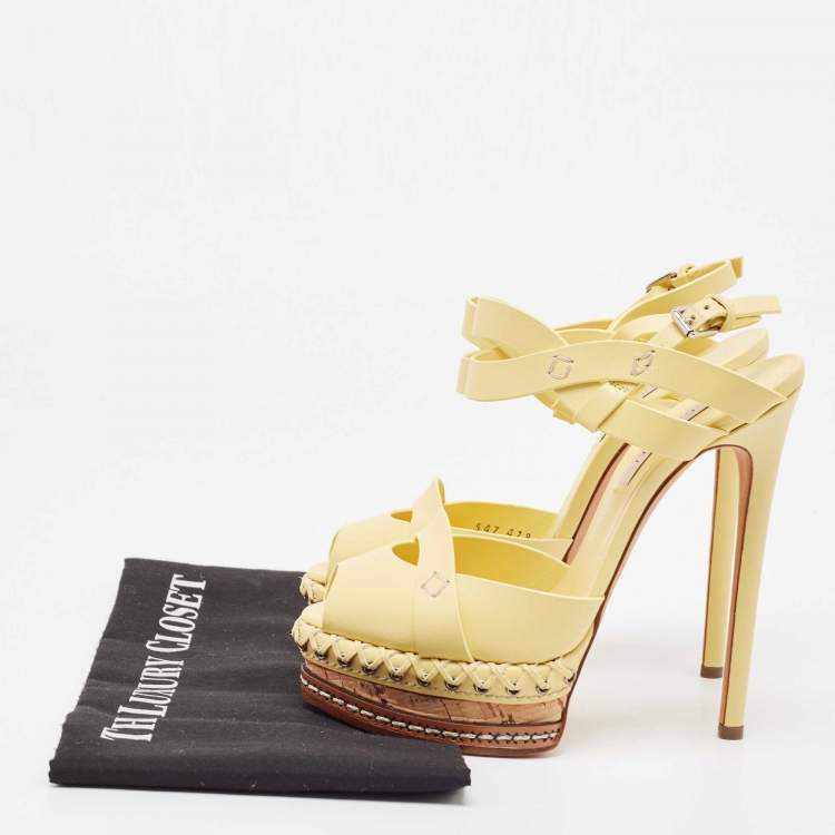 Pre Owned Casadei Yellow Leather Peep Toe Cork Platform Slingback Sandals Size 36