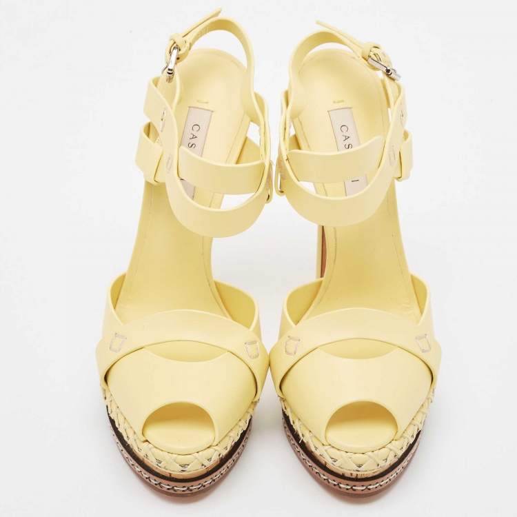 Pre Owned Casadei Yellow Leather Peep Toe Cork Platform Slingback Sandals Size 36