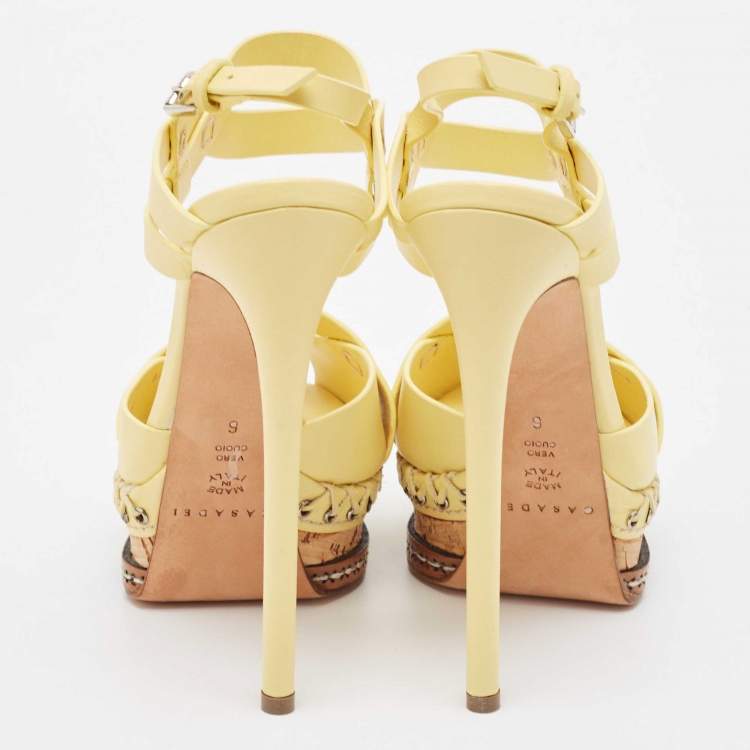 Pre Owned Casadei Yellow Leather Peep Toe Cork Platform Slingback Sandals Size 36