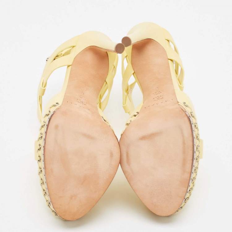 Pre Owned Casadei Yellow Leather Peep Toe Cork Platform Slingback Sandals Size 36