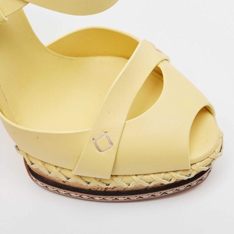 Pre Owned Casadei Yellow Leather Peep Toe Cork Platform Slingback Sandals Size 36