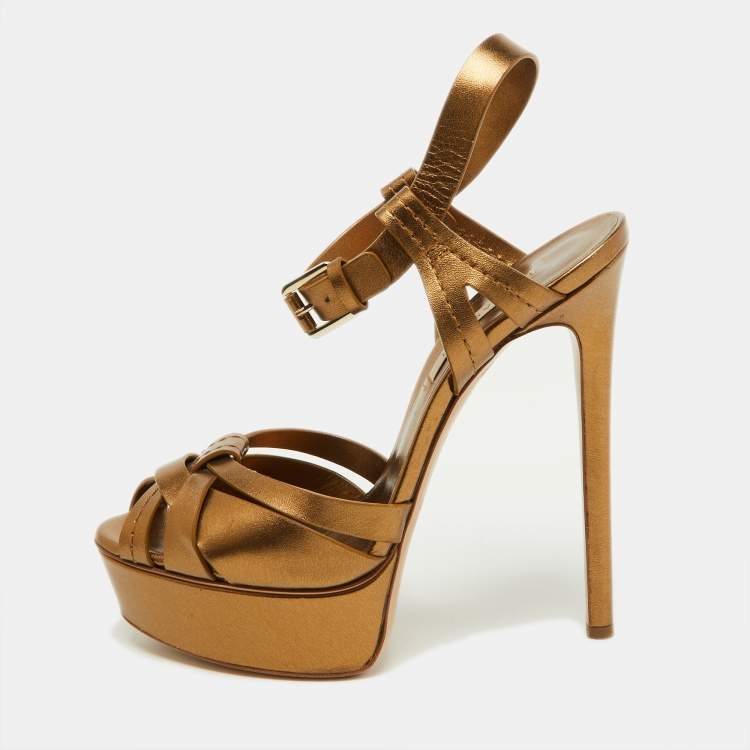 Pre Owned Casadei Metallic Gold Leather Ankle Strap Sandals Size 38