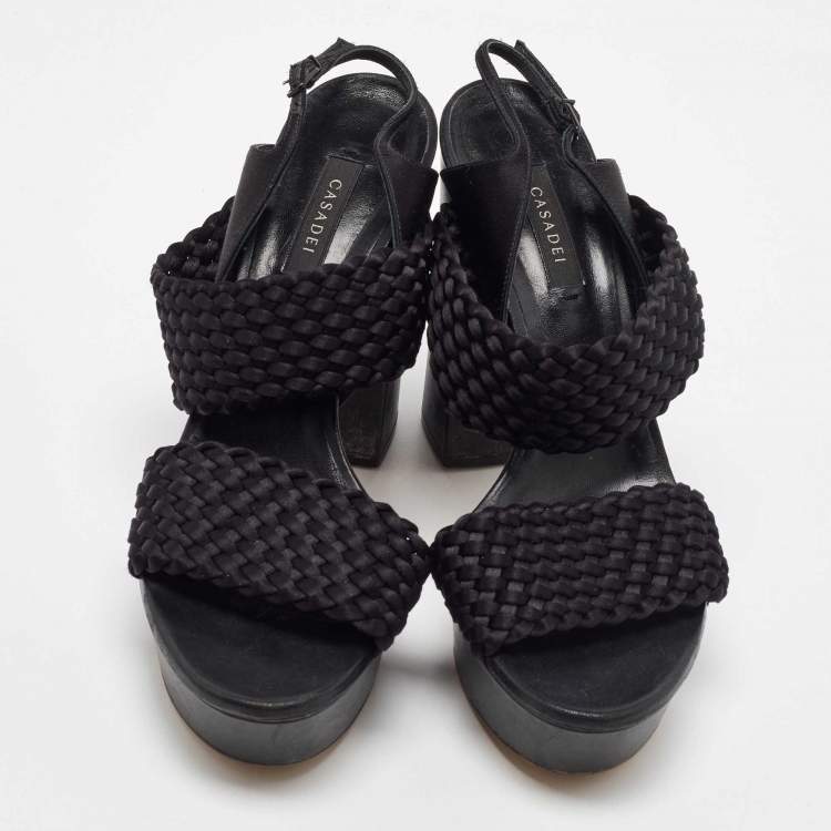 Pre Owned Casadei Black Woven Satin and Fabric Platform Ankle Strap Sandals Size 40