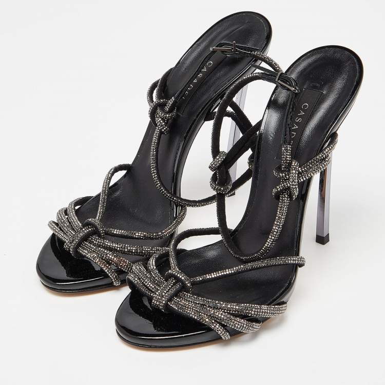 Pre Owned Casadei Black Patent Crystal Embellished Cut Out Leather Sandals Size 37