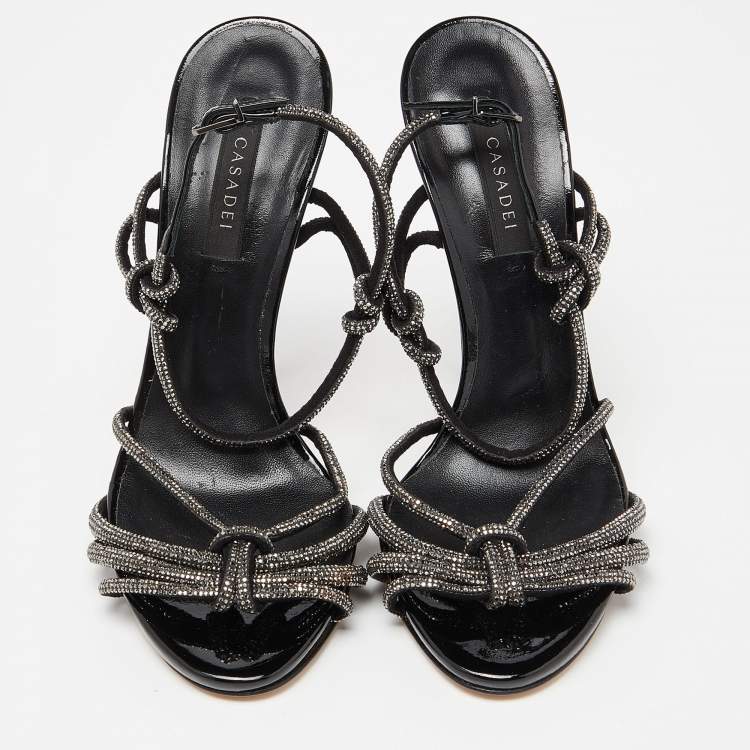 Pre Owned Casadei Black Patent Crystal Embellished Cut Out Leather Sandals Size 37