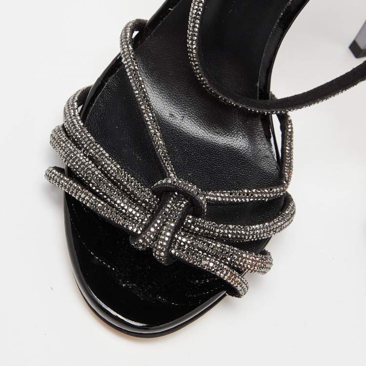 Pre Owned Casadei Black Patent Crystal Embellished Cut Out Leather Sandals Size 37