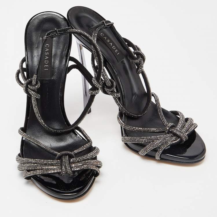 Pre Owned Casadei Black Patent Crystal Embellished Cut Out Leather Sandals Size 37